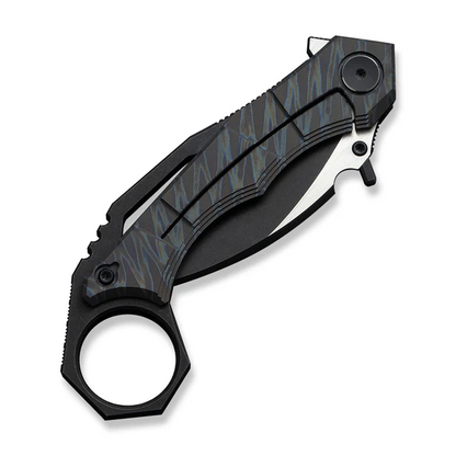 WE Knife Co., Ltd™ Tayra Frame Lock Karambit WE24069-4 Tiger Stripe Flamed 6AL4V Titanium M390 Stainless Steel Pocket Knife