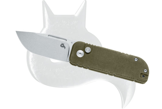 Black Fox Knives™ Nu-bowie Button Lock BF-758 MI OD Green Micarta D2 Semi-Stainless Steel Pocket Knife