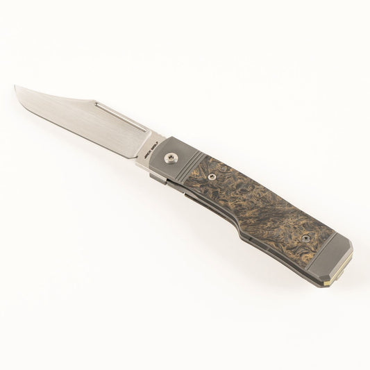 Jack Wolf Knives™ Gunstock Frame Lock GUNSL-02-FC-DMGLD Dark Matter Gold Fat Carbon S90V Stainless Steel Pocket Knife