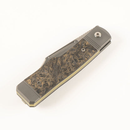 Jack Wolf Knives™ Gunstock Frame Lock GUNSL-02-FC-DMGLD Dark Matter Gold Fat Carbon S90V Stainless Steel Pocket Knife