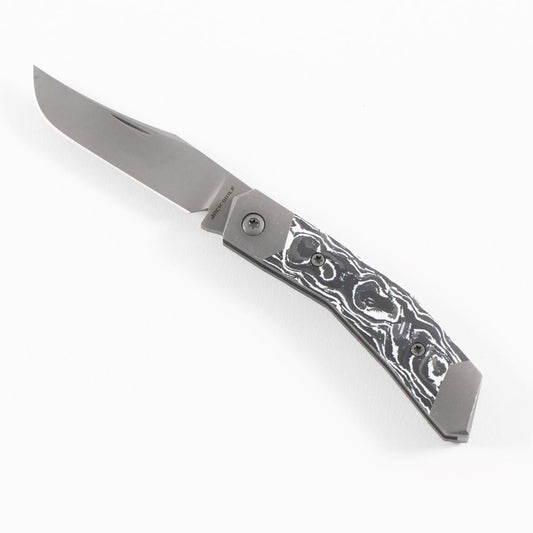 Jack Wolf Knives™ Mini Cyborg MINCY-01-MRBCF-WHT White Marble Carbon Fiber CPM S90V Stainless Steel Pocket Knife