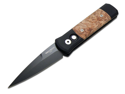 Pro-Tech Knives, LLC™ Godson Auto 707 Black 6061-T6 Aluminum and Maple Burl Wood 154CM Stainless Steel Pocket Knife