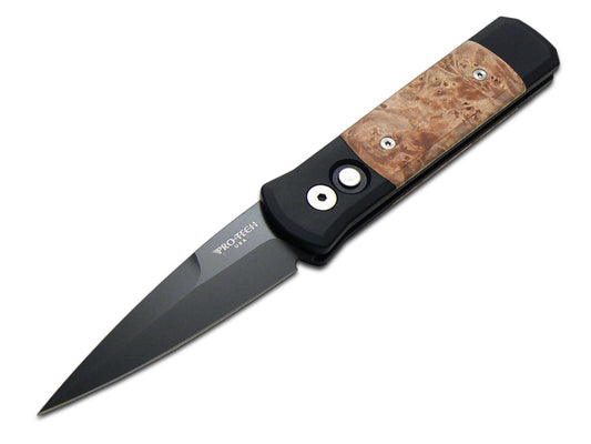Pro-Tech Knives, LLC™ Godson Auto 707 Black 6061-T6 Aluminum and Maple Burl Wood 154CM Stainless Steel Pocket Knife