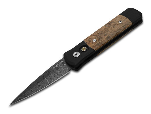 Pro-Tech Knives, LLC™ Godson Auto 706-DAMA Maple Burl Wood and Black 6061-t6 Aluminum Damascus Steel Pocket Knife
