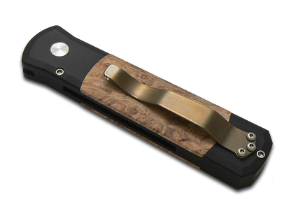 Pro-Tech Knives, LLC™ Godson Auto 706-DAMA Maple Burl Wood and Black 6061-t6 Aluminum Damascus Steel Pocket Knife