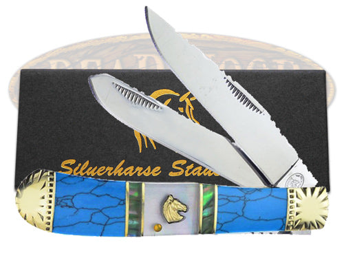Silverhorse Stoneworks™ Trapper Blue Turquoise, Red Jasper and Genuine Mother of Pearl 440 Stainless Steel Pocket Knife