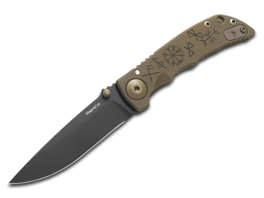 Spartan Blades, LLC™ Harsey Folder 3.25 Frame Lock SF10RUNES Bronze PVD 6AL4V Titanium CPM MagnaCut Stainless Steel Pocket Knife