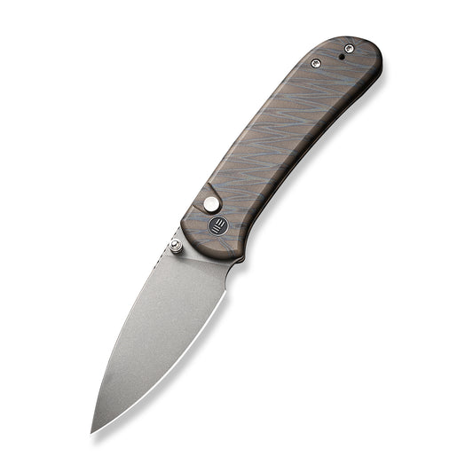 WE Knife Co., Ltd™ Qubit Button Lock WE22030F-4 Tiger Stripe Flamed 6AL4V Titanium CPM 20CV Stainless Steel Pocket Knife