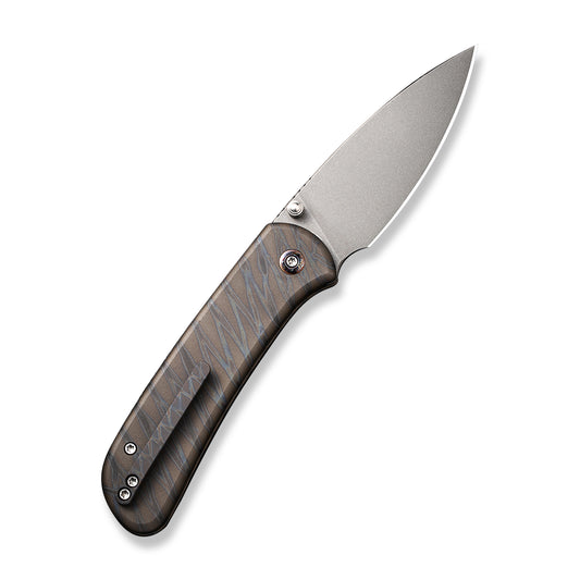 WE Knife Co., Ltd™ Qubit Button Lock WE22030F-4 Tiger Stripe Flamed 6AL4V Titanium CPM 20CV Stainless Steel Pocket Knife