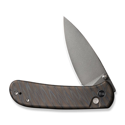 WE Knife Co., Ltd™ Qubit Button Lock WE22030F-4 Tiger Stripe Flamed 6AL4V Titanium CPM 20CV Stainless Steel Pocket Knife