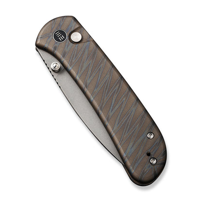 WE Knife Co., Ltd™ Qubit Button Lock WE22030F-4 Tiger Stripe Flamed 6AL4V Titanium CPM 20CV Stainless Steel Pocket Knife