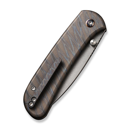 WE Knife Co., Ltd™ Qubit Button Lock WE22030F-4 Tiger Stripe Flamed 6AL4V Titanium CPM 20CV Stainless Steel Pocket Knife