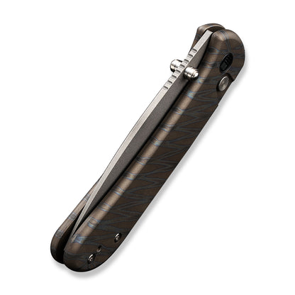 WE Knife Co., Ltd™ Qubit Button Lock WE22030F-4 Tiger Stripe Flamed 6AL4V Titanium CPM 20CV Stainless Steel Pocket Knife