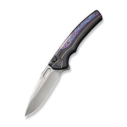 WE Knife Co., Ltd™ Exciton Button Lock WE22038A-6 Black & Blue Flamed Titanium CPM 20CV Stainless Steel Pocket Knife