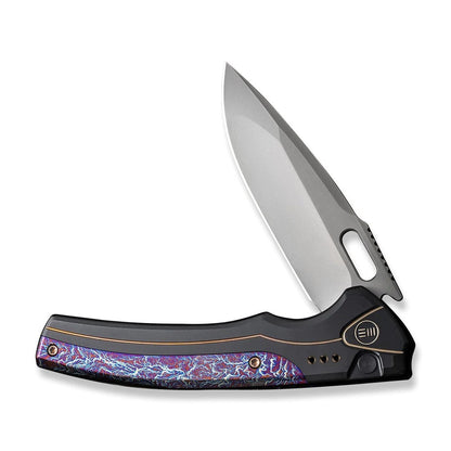 WE Knife Co., Ltd™ Exciton Button Lock WE22038A-6 Black & Blue Flamed Titanium CPM 20CV Stainless Steel Pocket Knife