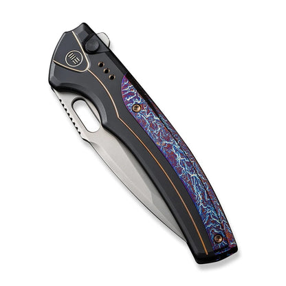 WE Knife Co., Ltd™ Exciton Button Lock WE22038A-6 Black & Blue Flamed Titanium CPM 20CV Stainless Steel Pocket Knife